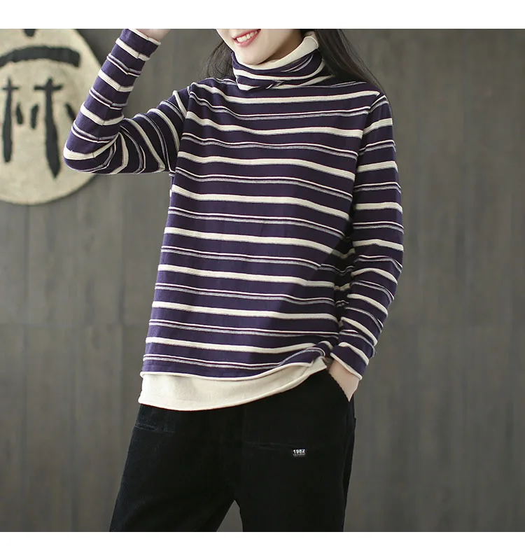 Autumn Striped Sweater Women Fashion Knitting Loose Turtleneck Long Sleeve Fashion Pullovers Sweater Vintage Casual Coat