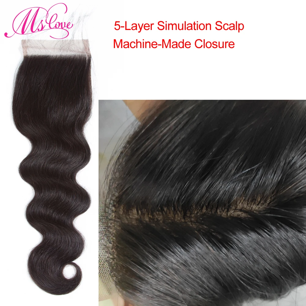 Ms Love-extensiones de pelo brasileñas con encaje estéril, Base de seda, ondulado, pelo humano, 5 capas, 4x4, no Remy