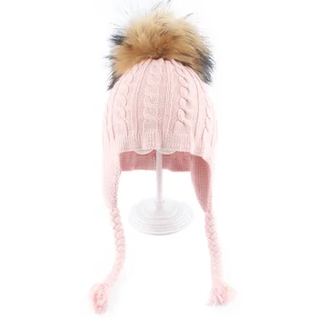 

Child Hat Cotton Brand New Fashion 2019 Winter High Quality Knitted Warm Kids Braid Hats Baby Real Fur Pom Pom Bonnet
