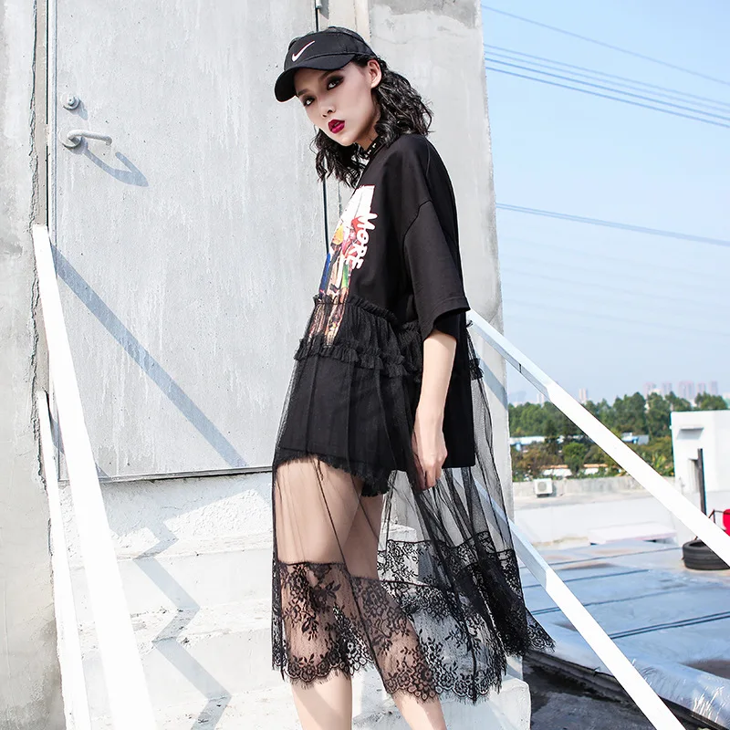 Camiseta falda verano nueva malla estampado de dibujos animados vestido de manga corta negro medio largo mujer