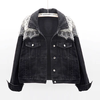 

2020 Autumn Korean Beading Diamonds Black Denim Jacket Women Loose Vintage Long sleeve Short Jeans Jacket Coat Female Outerwear