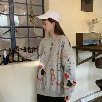 

Lychee Harajuku Casual Autumn Lady Sweatshirts Top Loose Crew Neck Female Fleece Pullovers Tops Graffiti Women Fleece Sweatshirt