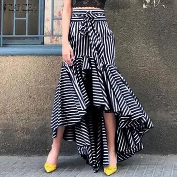 

Fashion ZANZEA Women High Waist Striped Skirts Spring High Low Ruffles Skirt Faldas Mujer Asymmetrical Hem Skirts Casual Jupe