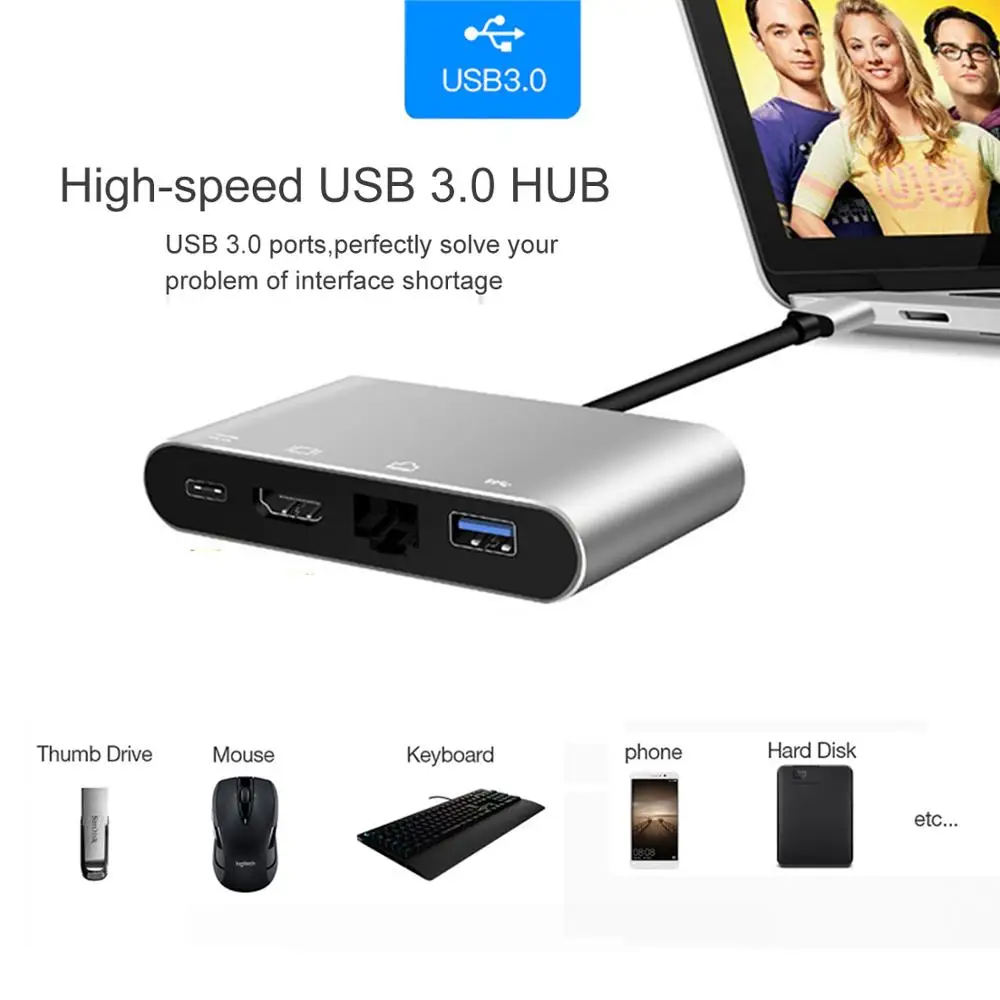 USB Type-C Thunderbolt 3 to HDMI 4K Ethernet Gigabit Adapter USB-C USB 3.0 Hub Converter Type-C PD OTG Hub Adapter for Macbook 5