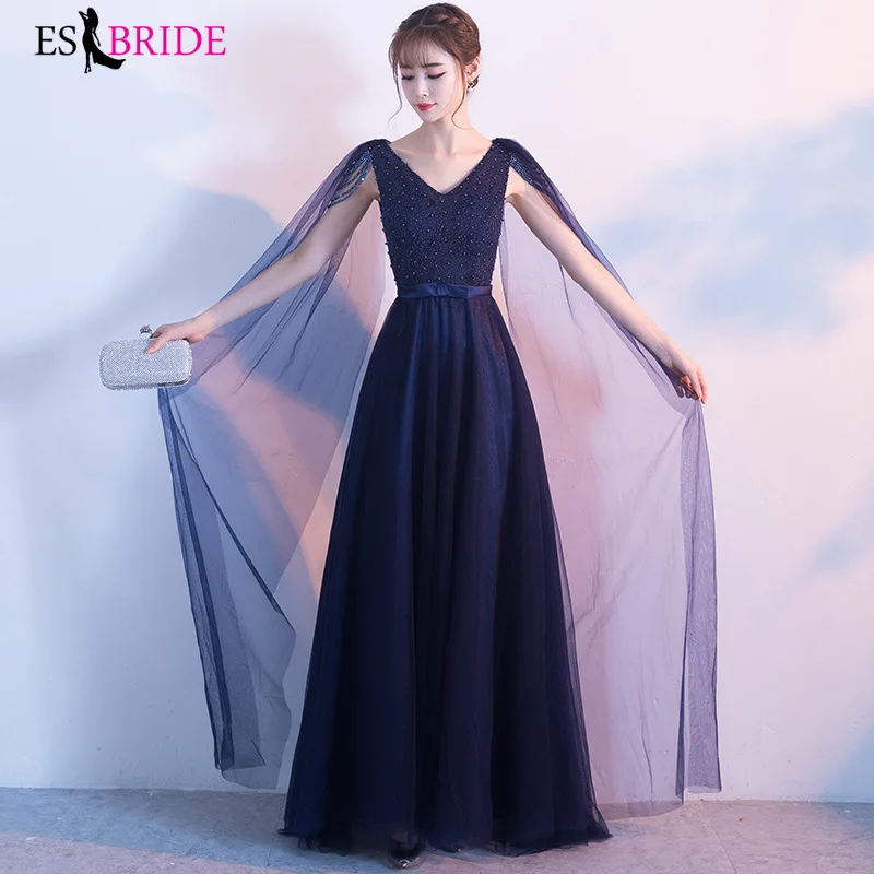 

Robe De Soiree 2019 ES30217 New Elegant A Line V Neck Shawl Sleeves Long Formal Evening Dresses Sequined Party Gowns