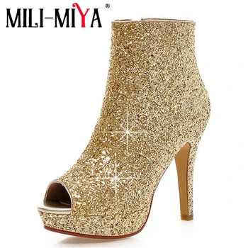 

MILI-MIYA Sexy Women Sandals Bling Leather Super High Thin Heels Zip Party Shoes Classic Handmade Plus Size 34-43 Hot Sale