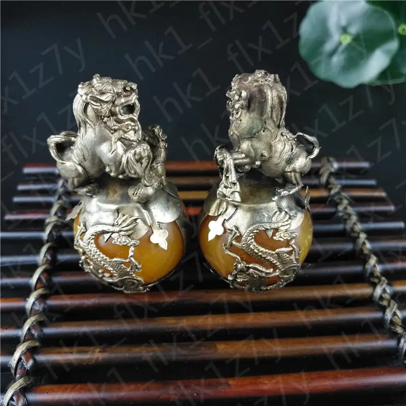 

Tibet Silver Chinese Lion Feng Shui Protection Figurine Interior Decoration