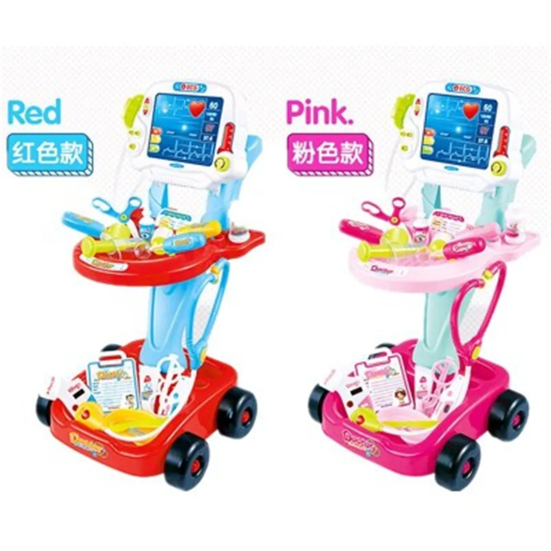 

Children Play House Model Doctor Medicine Box Toy Electrocardiogram Electric Syringe Echometer Cart English