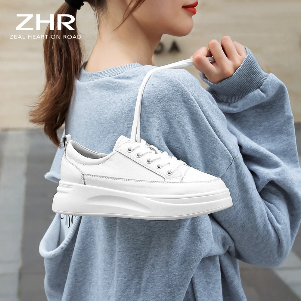 Barato ZHR zapatos casuales de cuero genuino zapatos de las mujeres zapatillas de deporte blanco luz zapatillas plataforma Med talón damas zapato cómodo zapato vulcanizado OMZlKg67n