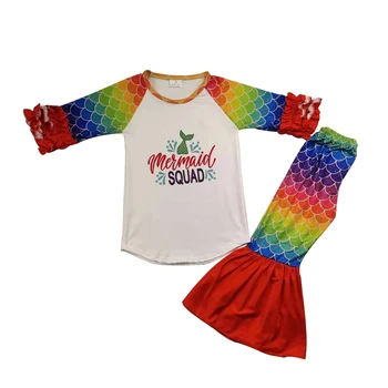 

New Fashion Fish Outfit Hot Sale Sling Stitching Stripe Ruffled Children's Clothes Set Bell Pants Outfit