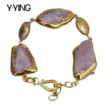 

Y·YING Natural Pink Kunzite Rough Raw Gold color Plated Edge Brushed Bead wrap Bracelet 9" vintage style for women