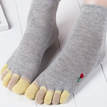 

Women Solid Cotton Socks Print Rose Flower Pattern Multicolor Toe Socks Five Finger Socks Lady Winter Thicken Keep Warm Socks