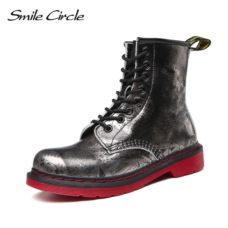 

Smile Circle Ankle Boots Women flat shoes Fashion British style Genuine Leather Lace-up Casual Ladies Low heel short Boots