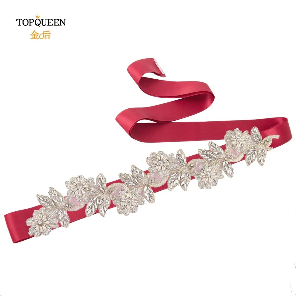 wine red TOPQUEEN S427 стразы и жемчуг свадебный пояс из бисера ремни для формального платья атласная лента пояс-кушак дизайн пояс-кушак - Цвет: wine red