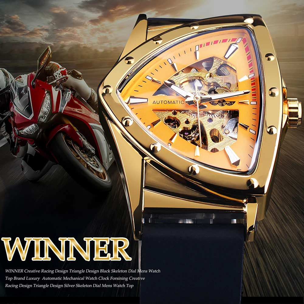 WINNER Gold Skeleton Mechanical Watch Transparent Men Automatic Wristwatch Silicone Strap Triangle Watches Relogio Masculino