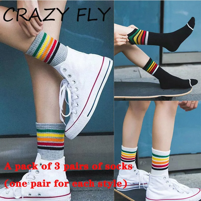 Магазин Crazy Fly новинка женские хлопковые носки в радужную полоску повседневные