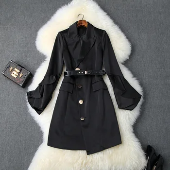 

Trench Coat 2019 Women's Autumn And Winter New Notched Collar Long-sleeved Ruffled Single-breasted Slim Irregular Coat Female