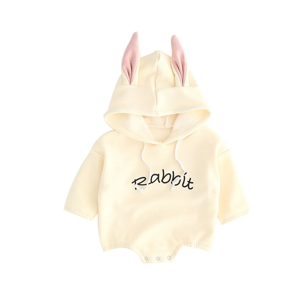 Cute Newborn Baby Romper Rabbit Ears Baby Girl Boy Soft Plush Long Sleeve Hooded Romper Jumpsuit For 0-12Months - Цвет: Beige 9 to 12M