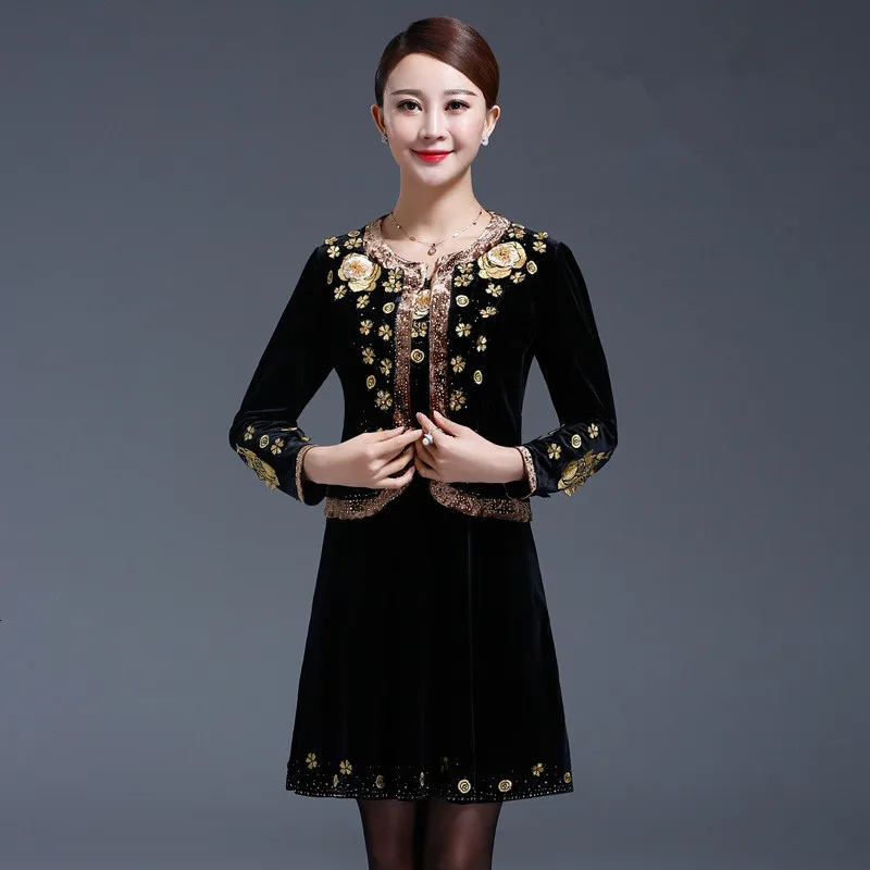 Womens Jurk Past Herfst Winter Bloem Borduren Goud Fluwelen Formele Moeder van Bruid Lange Mouw 2 Delige Set Plus size Womens Jurk Past Herfst Winter Bloem Borduren Goud Fluwelen Formele Moeder van Bruid Lange Mouw 2 Delige Set Plus size