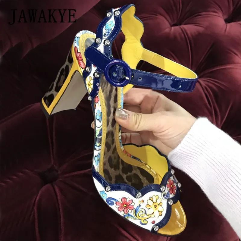 Retro print Flower Peep toe Chunky Heels Sandals Women Leopard Leather High heel Shoes Summer Party Shoes Woman Zapatos de Mujer