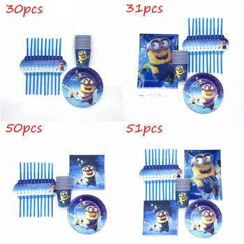 

51 pcs Cartoon Minions Blue Paper Cups Napkins Plates Tablecloth Straws Birthday Party Disposable Decorations Tableware Supplies