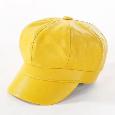 Pu Leather Beret Hat Winter Hats For Women Painter Newsboy Cap Male Vintage England Style Beret Female Black Boinas Hats - Цвет: yellow
