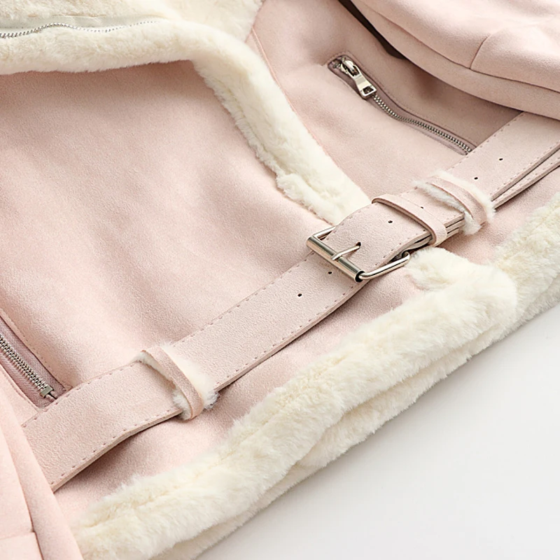 Шикарная розовая замшевая куртка женская зимняя короткая мотоциклетная куртка на молнии Верхняя одежда Повседневная Корейская шерстяная подкладка теплая куртка-бомбер