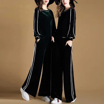 

Two Piece Set Women Striped O-Neck Velet Top and Long Pants Suit Elegant Spring Autumn Long Sleeve Women Feminino 2019