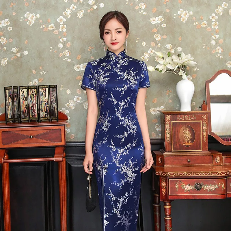 Elegantes Brokat-Satin-Cheongsam mit langer Gabel, chinesisches klassisches Damen-Qipao, kurzärmelig, sexy Hochzeit, Abend, Partykleid, Neuheit – Detail 7