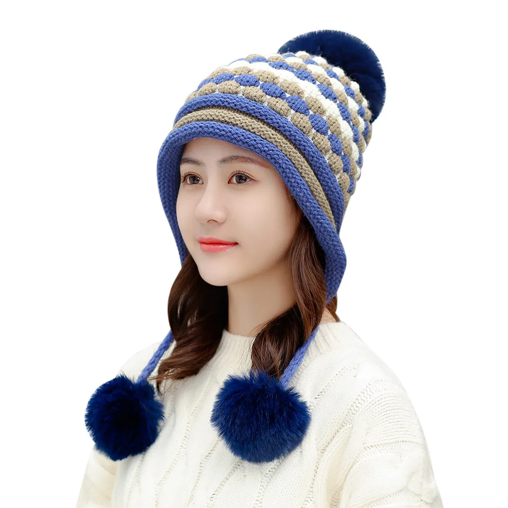 

Fashion Women Winter Hat Knitted Patchwork Hairball Splicing Outdoor Warm Cap Thicker Beanie Hat Caps #N5