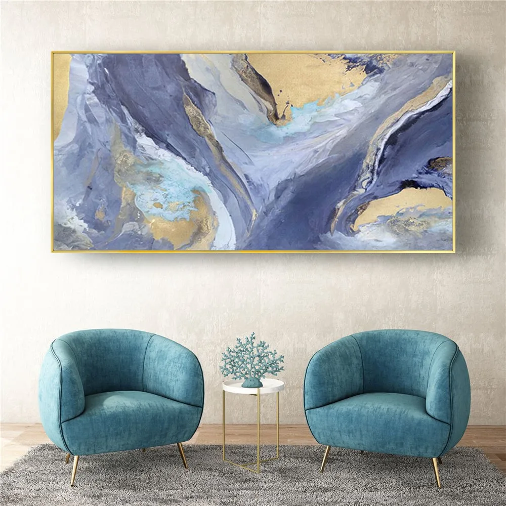 

Modern Wall Art Pictures Hand-Painted Oil Painting Home Decor Art Abstract Blue Gold Texture Canvas Paintings Decor Living Room
