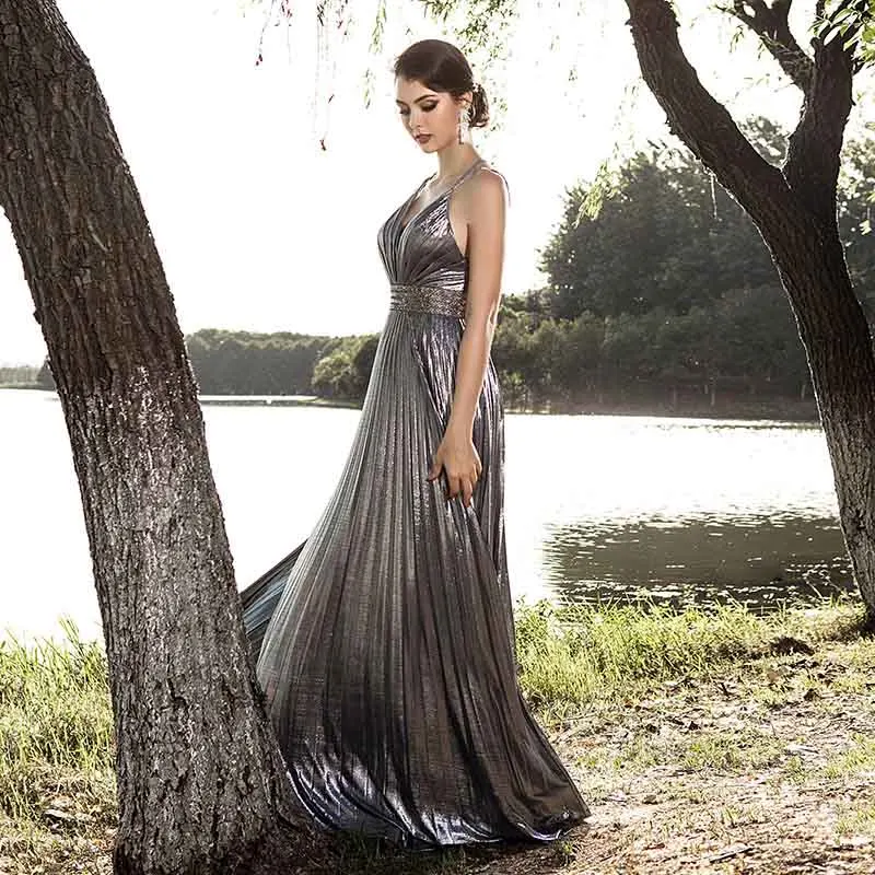 Сексуальное Серебряное блестящее вечернее платье из специальной ткани с v-образным вырезом и открытой спиной, женское вечернее платье, Сплетница, настоящая фотография L5528