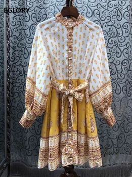

Bohemian Dress 2020 Spring Summer Style Women Vintage National Style Print Belt Buttons Patchwork Full Sleeve Long Shirt Dress