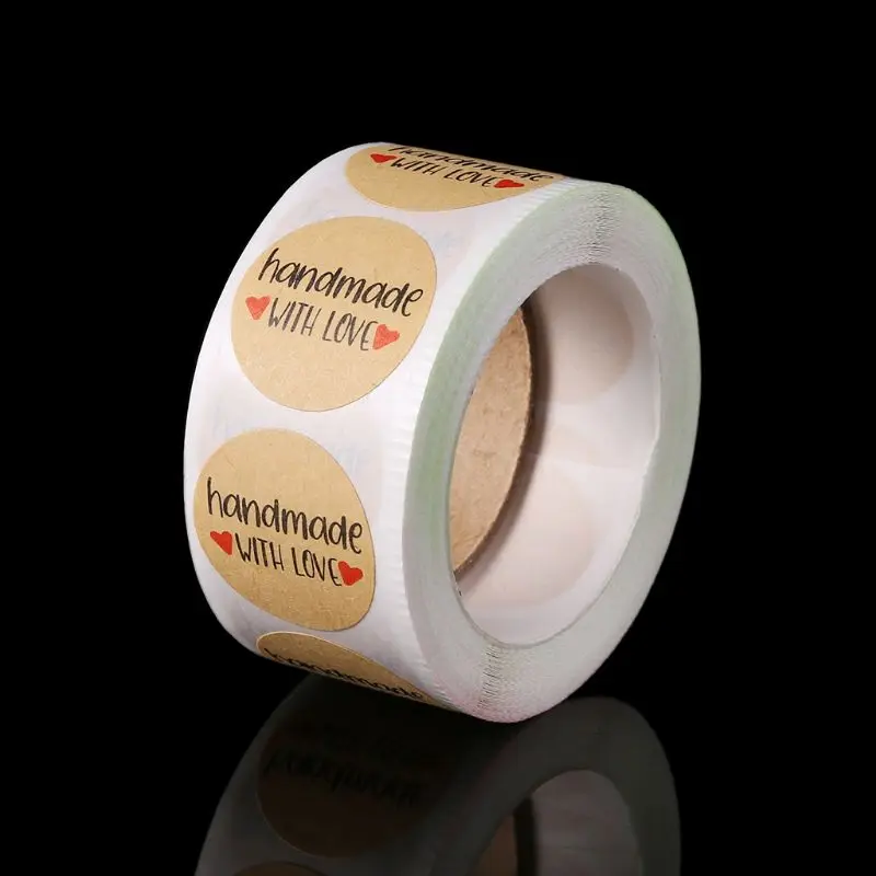 

1 roll (500pcs) 25mm Round Kraft Paper Handmade With Love Heart Sealing Stickers Candy Bag Label Packing Gift Wedding Party
