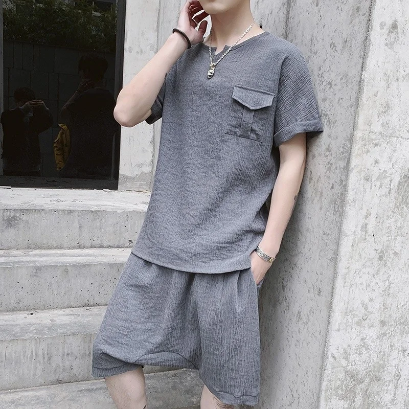 

Style Chinese Summer Mens Loose Fit Casual Two Piece Outfits Short Sleeve Pullover Pockets T-Shirts Elastic Waist Cross Shorts