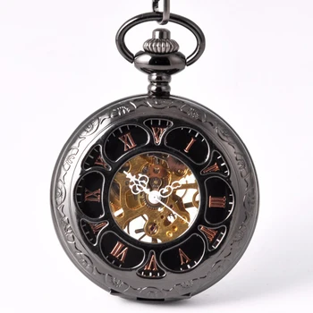 

Top luxury New Pocket Watch Black Mechanical Petals Retro Fashion Simple Engraving Handmade Round Mechanical Watch Unisex