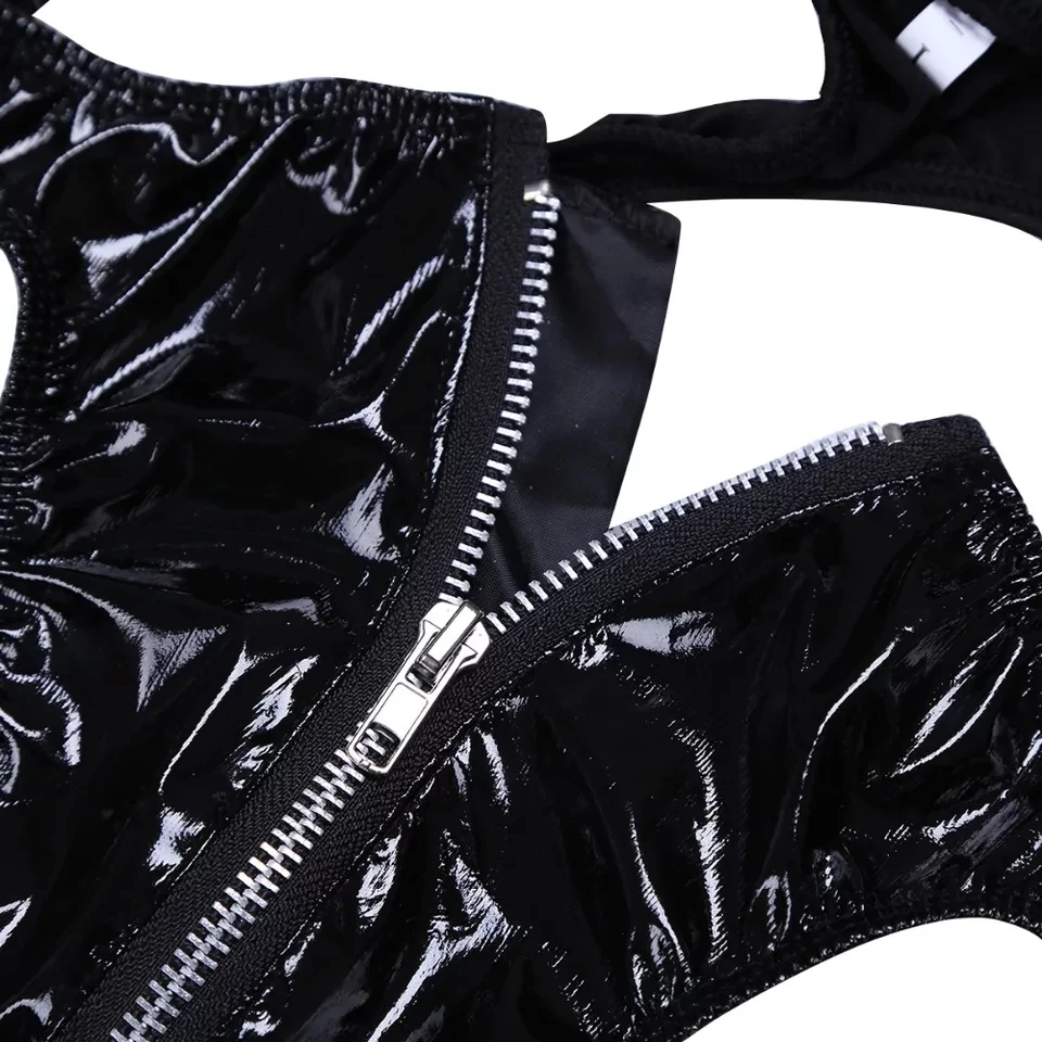 Mens Sexy Zipper Open Crotch PVC Leather Shorts For Sex Latex Fetish Shaping Underpants Porn Bulge Pouch Sexy Bottom Underwear