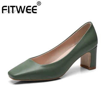 

FITWEE 4 Color Women Square Toe Pumps Genuine Leather High Heels Shoes Women Hot Sale Office Work Party Pumps Size 33-40