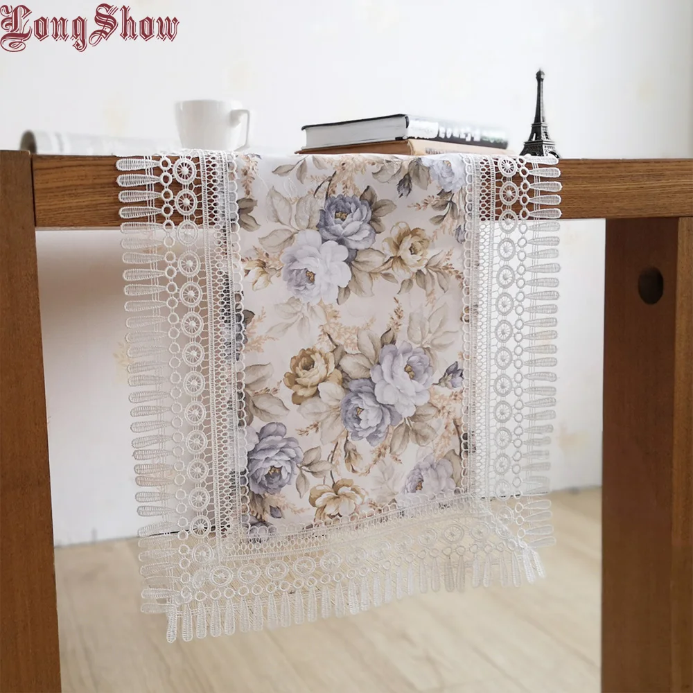 

Blue Color Floral Classic European Jacquard Style Large Tassel Design Embroidered Lace Table Runner