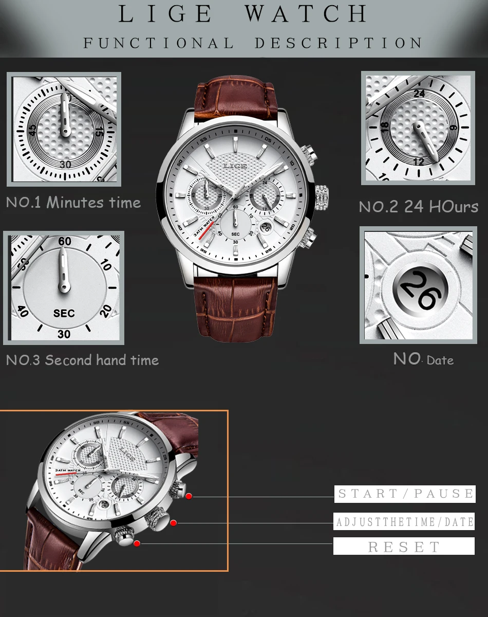 LIGE Sport Quartz Men Watches Chronograph Functional Clock Brown Leather Calendar Luminous Hands Male Relogio Masculino