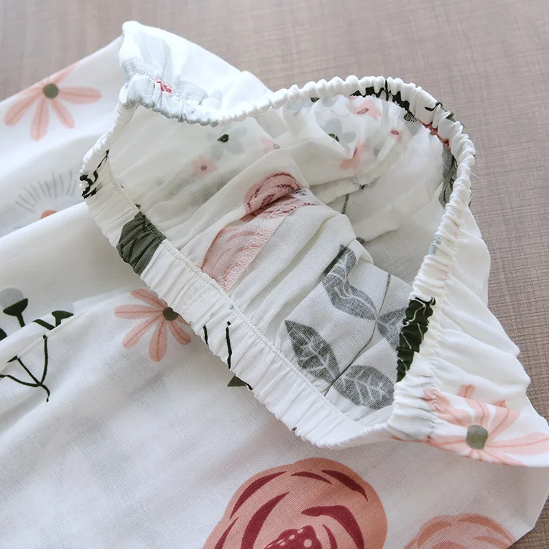 Ladies Pajamas Set 100% Gauze Cotton Cartoon Rose Printed 2Pcs Turn-down Neck Shirt+Pants