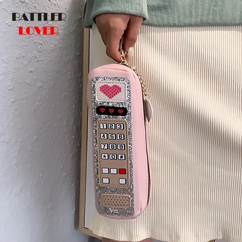 New Personality Retro Phone Design Fashion Pu Leather Cartoon Print Woman