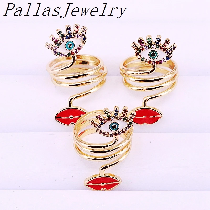 

10Pcs Rainbow Cubic Zirconia CZ Micro Pave Eye And Lip Enamel Rings, Unique Design Gold Color Rings Jewelry Gifts