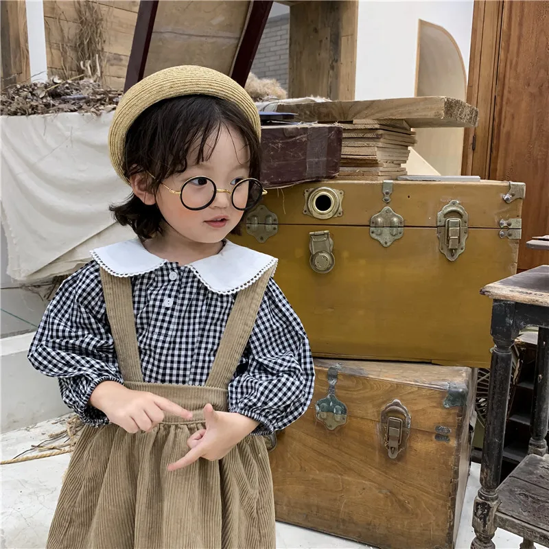 Новое поступление, милая рубашка для маленьких девочек 2, 3, 4, 5, 6 лет клетчатая рубашка с воротником «Питер Пэн» для маленьких девочек милая блузка с длинными рукавами для маленьких девочек