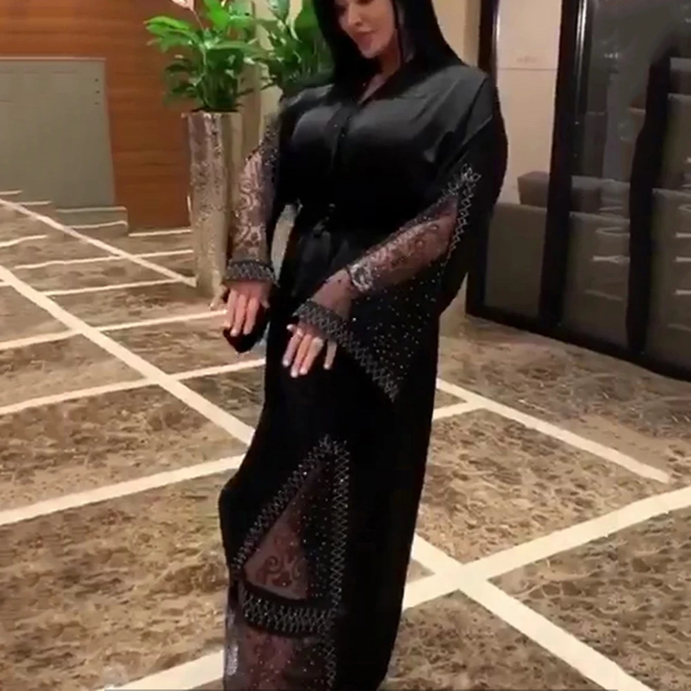 Bangladesh Dubai Abaya Hijab noche árabe vestido el Islam Djellaba ropa Turquía Abaya musulmán vestido negro mujer vestido con diamantes 2021