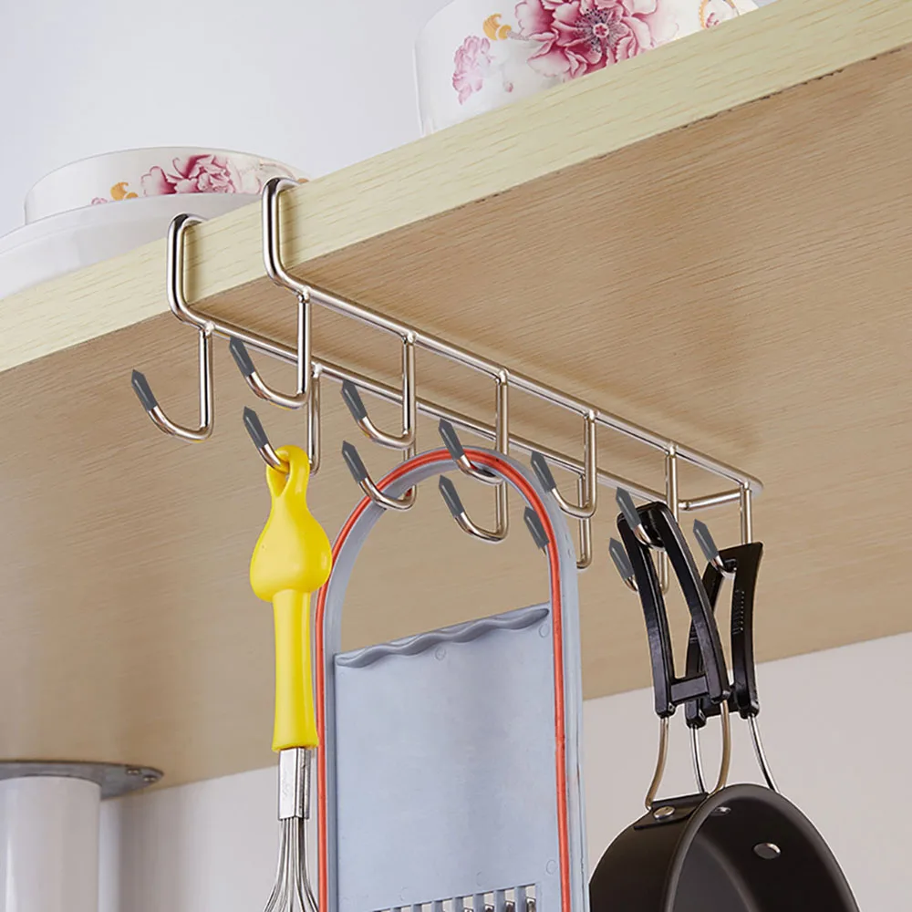 

2019 Metal 12 Hooks Cup Holder Hang Kitchen Cabinet Under Shelf Storage Rack Organiser Hook Home Useful Household Tools