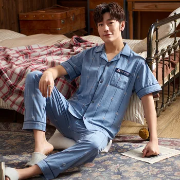 

Cotton Plaid Pajamas Suit Homewear Short Sleeve Men Casual Sleep Set Nightwear Sleepwear Plaid Home Clothing Pyjamas Nightgown