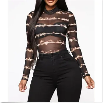 

Sexy Ladies Autumn Slim Playsuit New Black Sheer Mesh Long Sleeves Bodycon Jumpsuit Fashon Women Leptard See-through Slim Romper