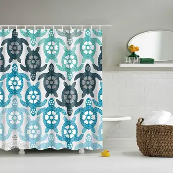 

Waterproof Thicken Polyester 3D Shower Curtain Blue and Green Sea Turtle Mildew Proof Bath Tub Curtain with 12 pcs Hooks