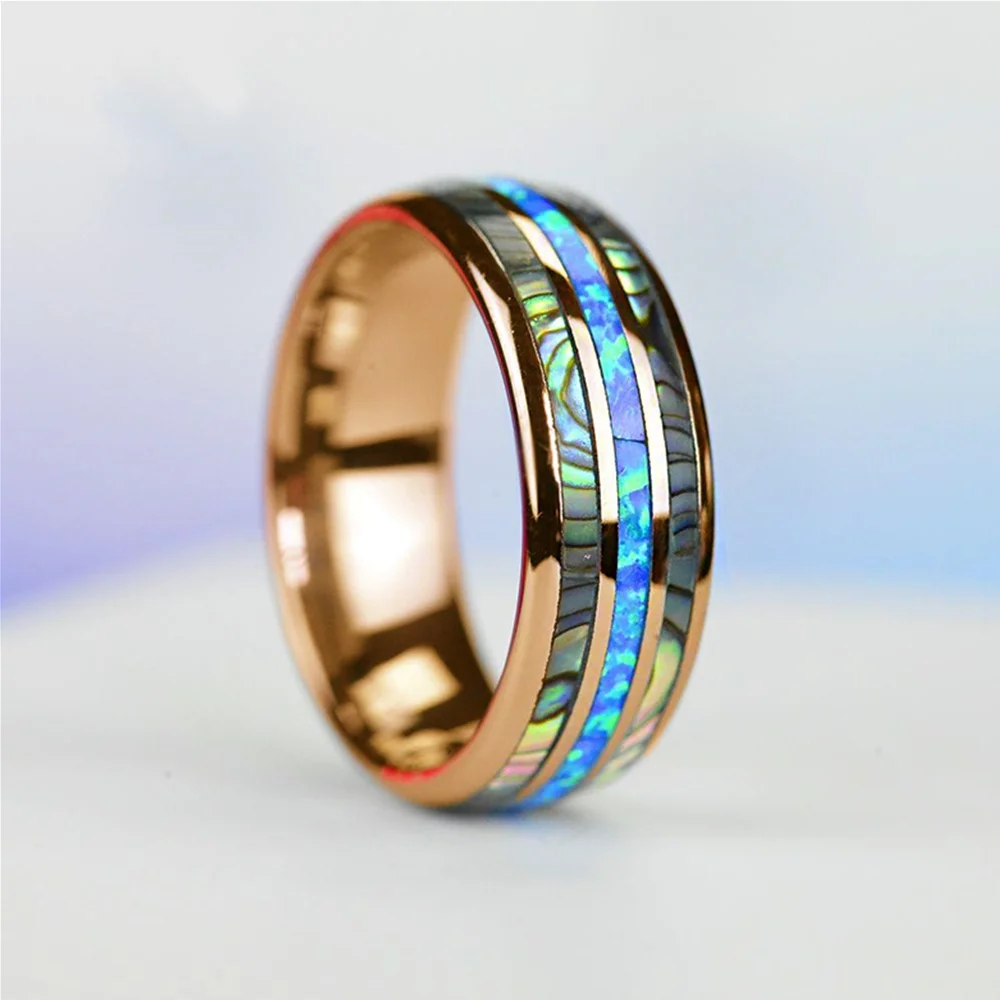 Elegant Rose Gold Tungsten Men's Wedding Ring with Abalone Shell & Blue Opal Inlay